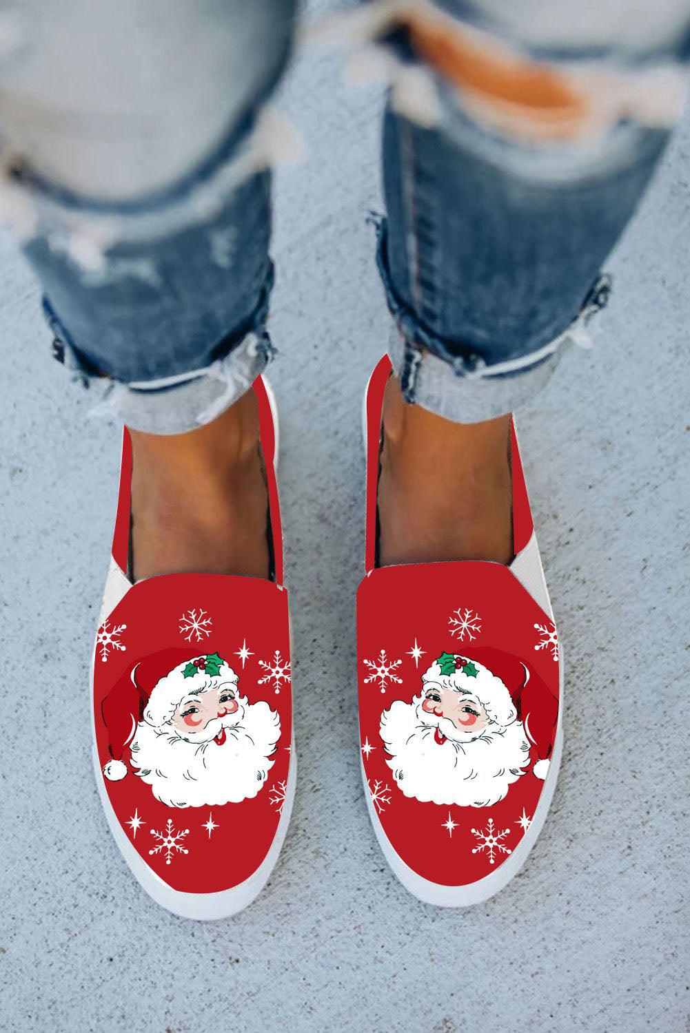 Red Christmas Santa Claus Print Slip-on Canvas Flats - L & M Kee, LLC