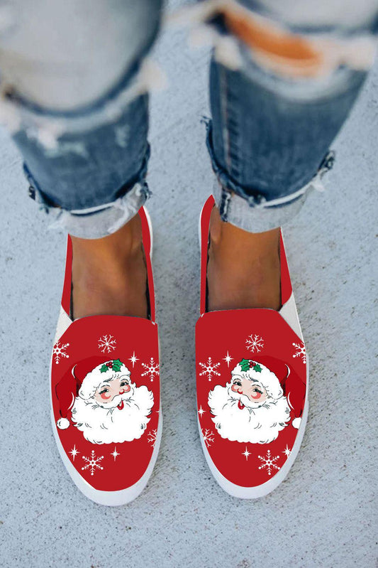 Red Christmas Santa Claus Print Slip-on Canvas Flats - L & M Kee, LLC
