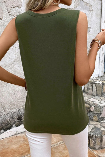 Jungle Green Solid Color Distressed Holes Crew Neck Tank Top - L & M Kee, LLC