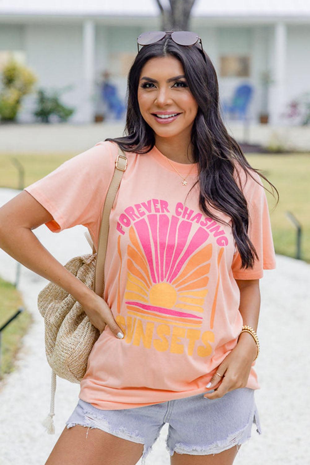 Pink FOREVER CHASING SUNSET Graphic T Shirt - L & M Kee, LLC