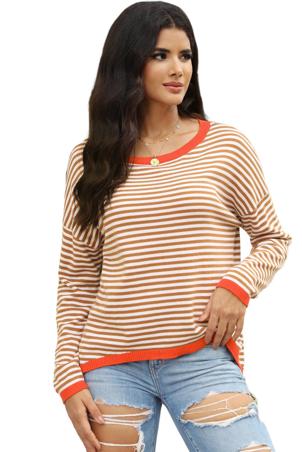 Brown Contrast Trimmed Striped Drop Shoulder Sweater - L & M Kee, LLC