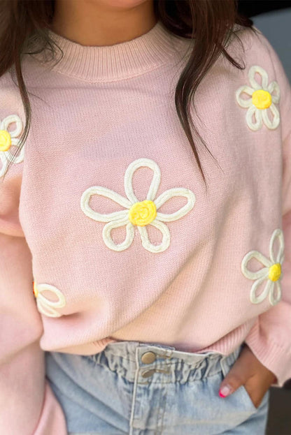 Pink Chenille Daisy Stitching Crew Neck Sweater - L & M Kee, LLC