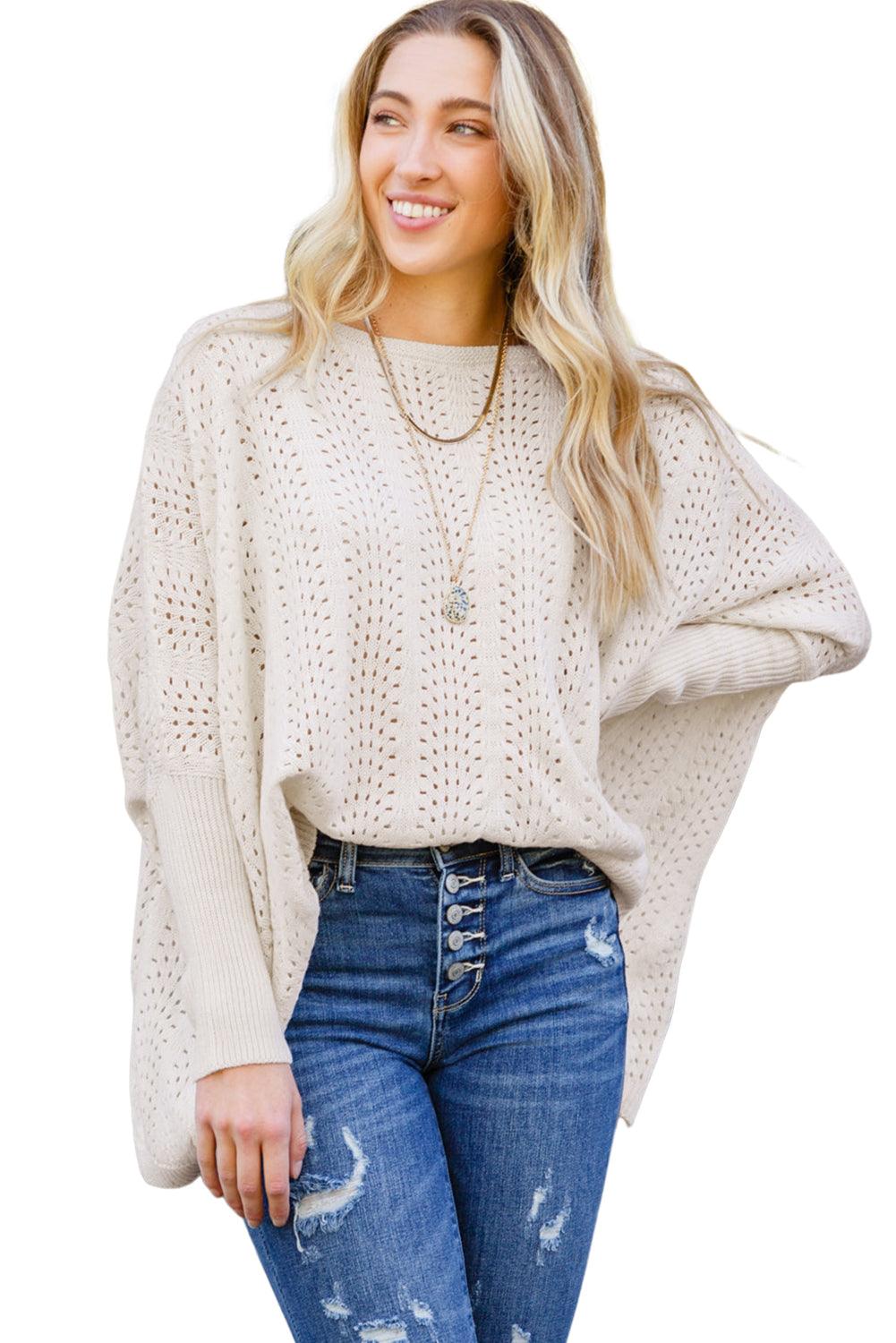 Beige Ribbed Hollow Knit Dolman Sleeve Sweater - L & M Kee, LLC