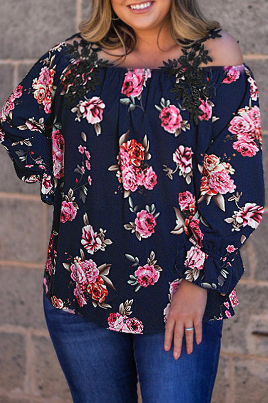 Navy Blue Plus Size Crochet Detail Cold shoulder Floral Blouse - L & M Kee, LLC