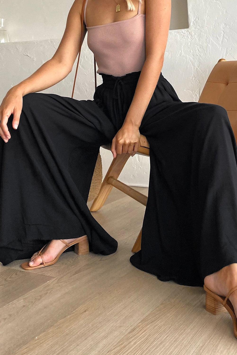 Black Drawstring Smocked High Waist Wide Leg Pants - L & M Kee, LLC