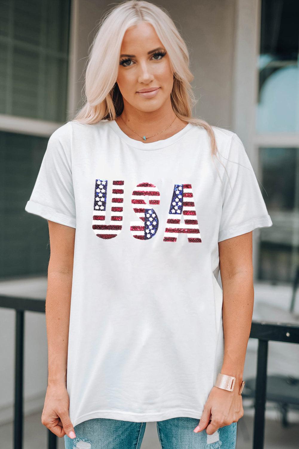 White USA Flag Sequin Patched Round Neck T Shirt - L & M Kee, LLC