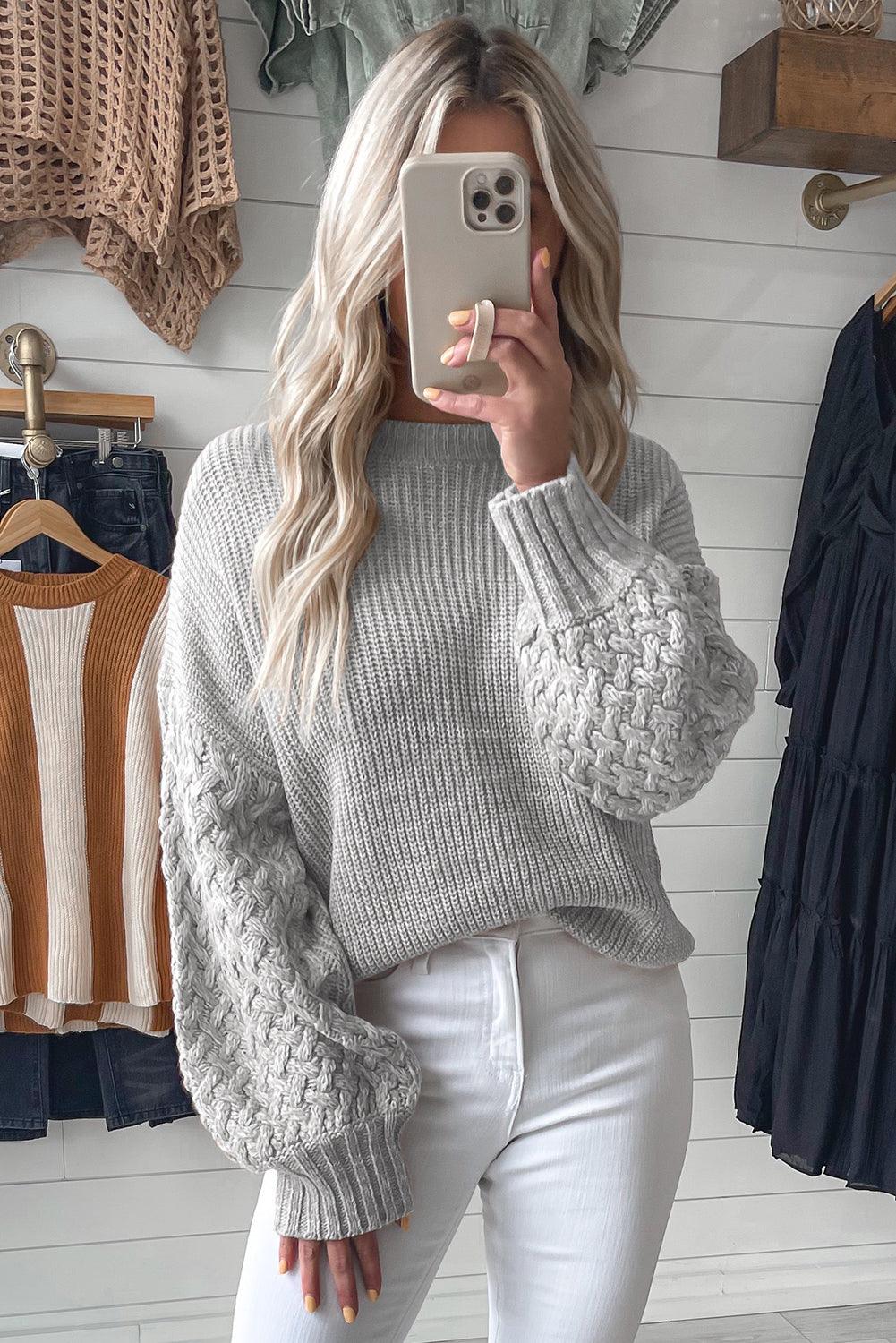 Parchment Cable Knit Sleeve Drop Shoulder Sweater - L & M Kee, LLC