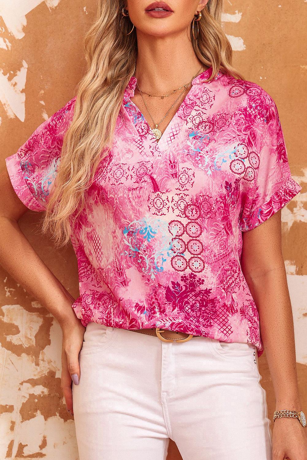 Pink Abstract Floral Print Notch V Neck Rolled Short Sleeve Blouse - L & M Kee, LLC