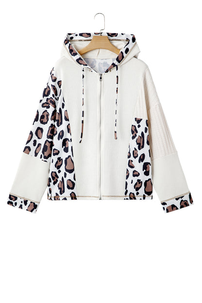 Apricot Oversized Leopard Contrast Mixed Texture Patchwork Zip Up Drop Shoulder Hoodie
