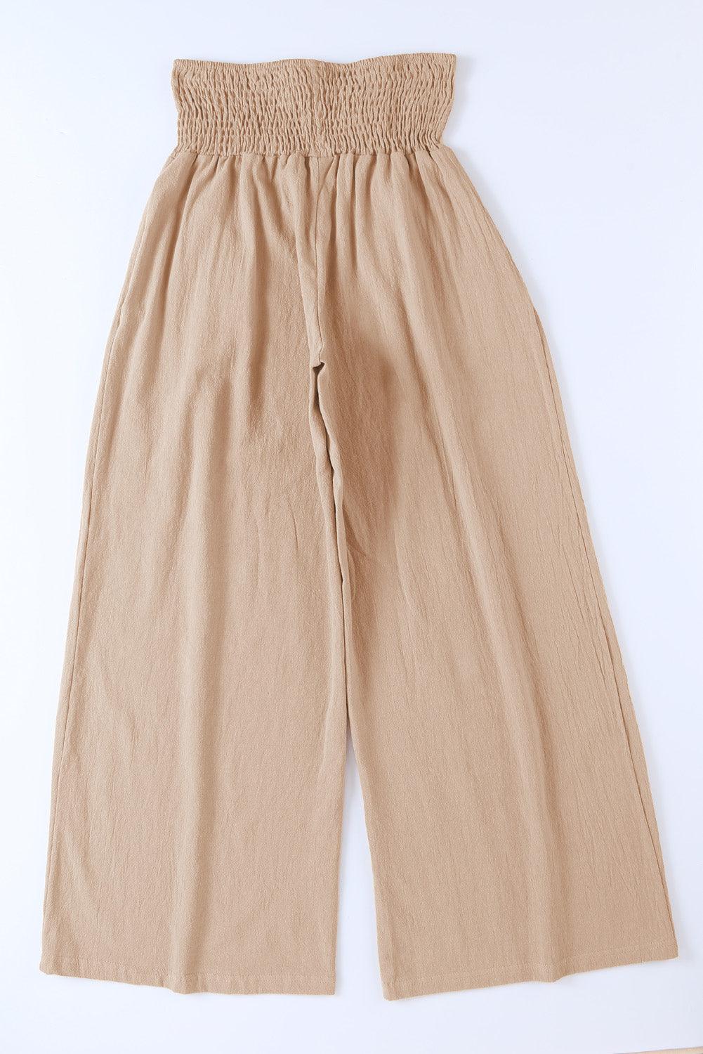 Khaki Smocked Wide Waistband High Waist Wide Leg Pants - L & M Kee, LLC