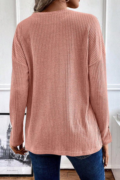 Rose Tan Rib Textured Henley Knit Top - L & M Kee, LLC