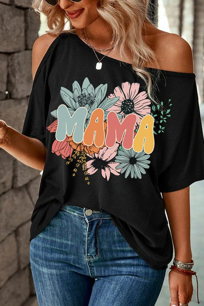 Black MAMA Flower Print Asymmetric Neck Casual T Shirt - L & M Kee, LLC