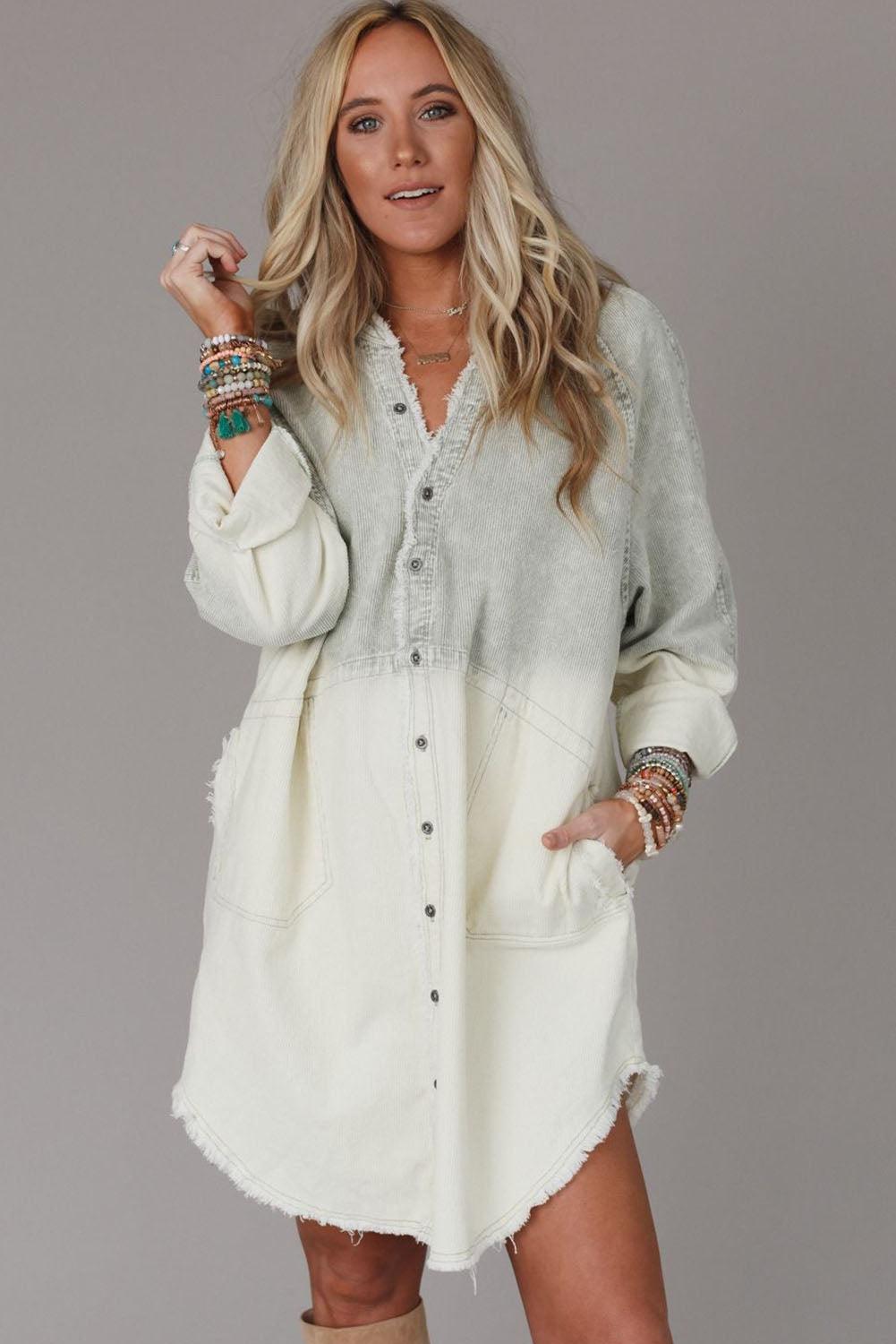 Gray Gradient Long Sleeve Button Up Raw Hem Denim Dress - L & M Kee, LLC