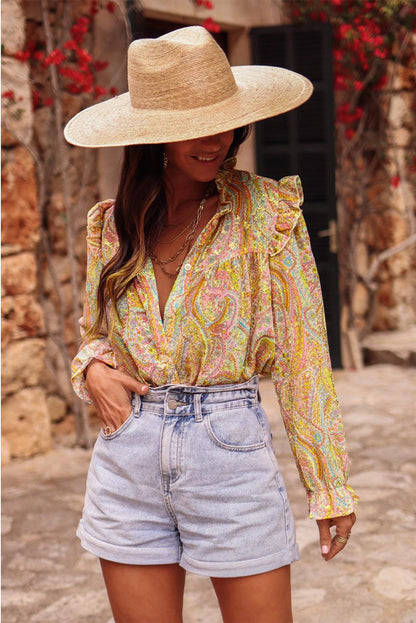 Yellow Paisley Print Ruffled Trim Boho Shirt - L & M Kee, LLC