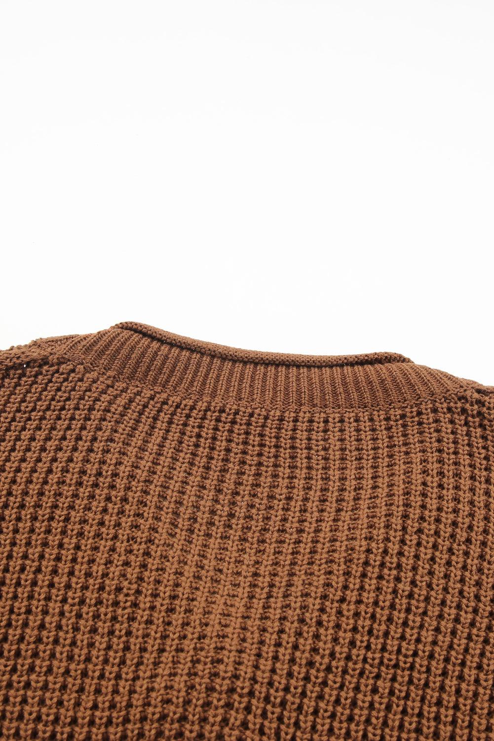 Coffee Pointelle Knit Button V Neck Drop Shoulder Sweater - L & M Kee, LLC