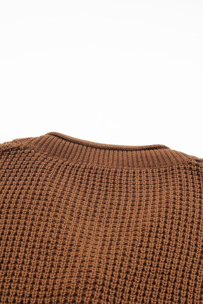 Coffee Pointelle Knit Button V Neck Drop Shoulder Sweater - L & M Kee, LLC