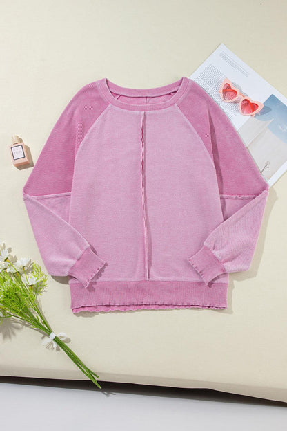 Pink Waffle Knit Patchwork Exposed Seam Raglan Sweatshirt - L & M Kee, LLC