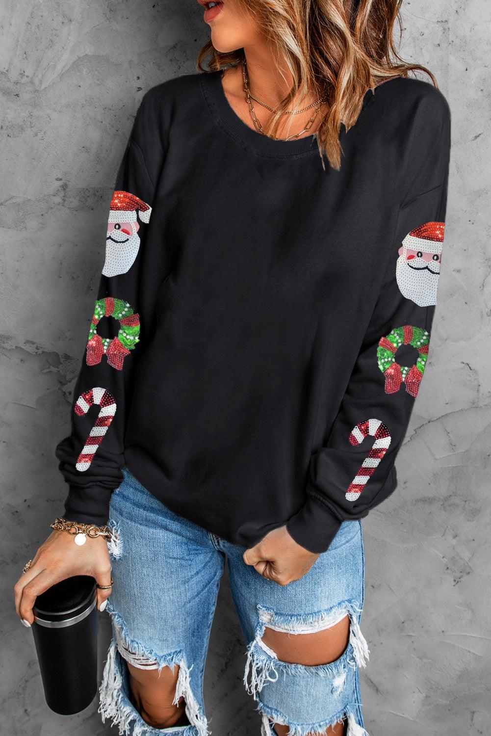 Black Christmas Pattern Sequined Crewneck Sweatshirt - L & M Kee, LLC