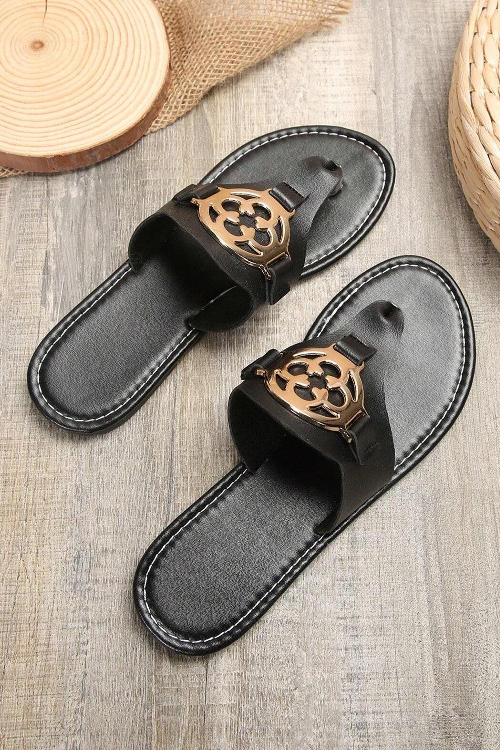 Black Metal Décor Leather Thong Slippers - L & M Kee, LLC