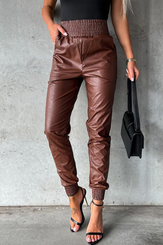 Brown Smocked High-Waist Leather Skinny Pants - L & M Kee, LLC