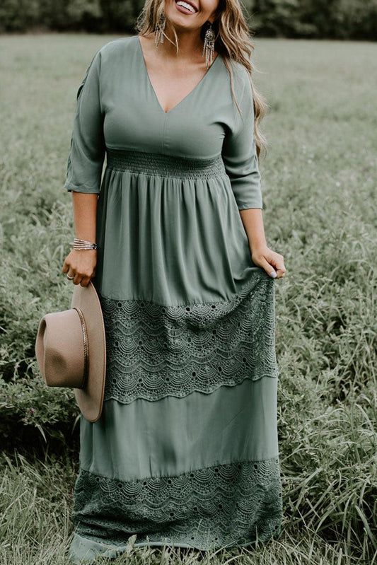 Mist Green Plus Size 3/4 Sleeve Smocked Lace Decor Maxi Dress - L & M Kee, LLC