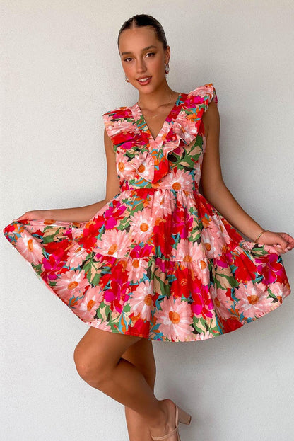 Floral Sleeveless V Neck Frill Mini Dress - L & M Kee, LLC