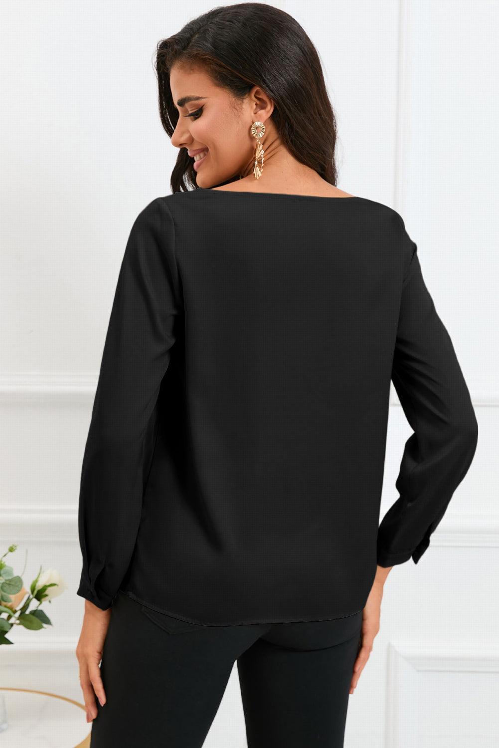 Solid Asymmetric V Neck Long Sleeve Satin Blouse - L & M Kee, LLC