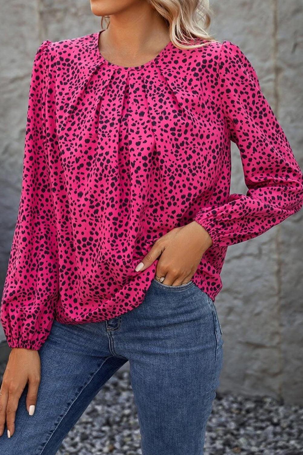 Leopard Print Pleated Blouse with Keyhole - L & M Kee, LLC