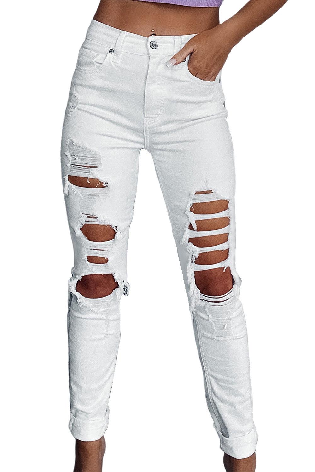 Distressed Ripped Holes High Waist Skinny Jeans - L & M Kee, LLC