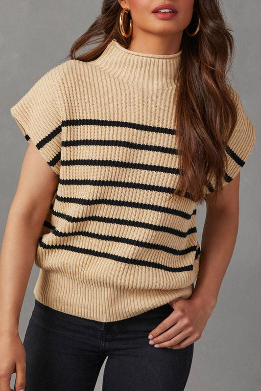 Parchment Striped Ribbed Knit High Neck Sweater - L & M Kee, LLC