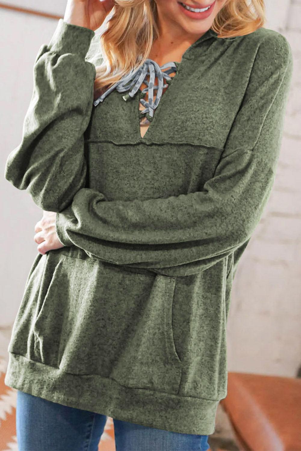 Green Lace up Marble Print Loose Hoodie - L & M Kee, LLC