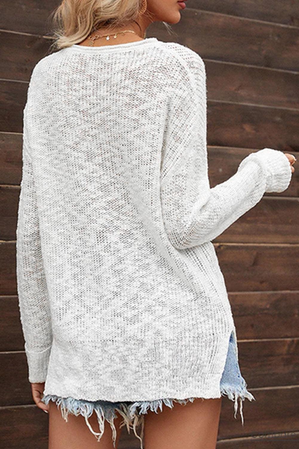 White Solid Color V Neck Side Split Sweater - L & M Kee, LLC