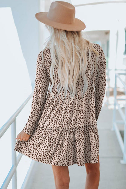 Leopard Animal Print Tiered Long Sleeve Dress - L & M Kee, LLC