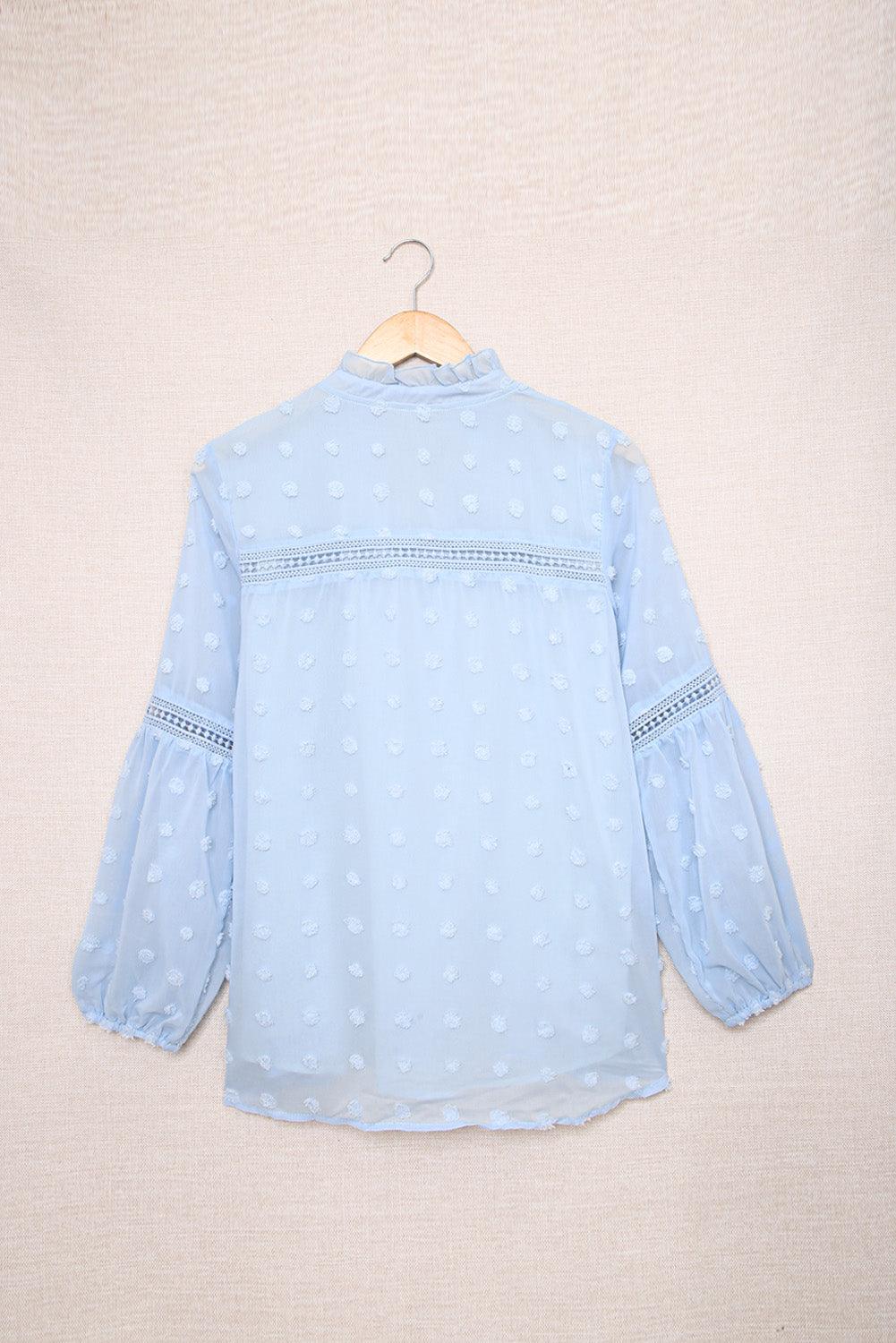 Blue Ruffled Split Neck Lace Hollow Out Puff Sleeve Polka Dot Blouse - L & M Kee, LLC