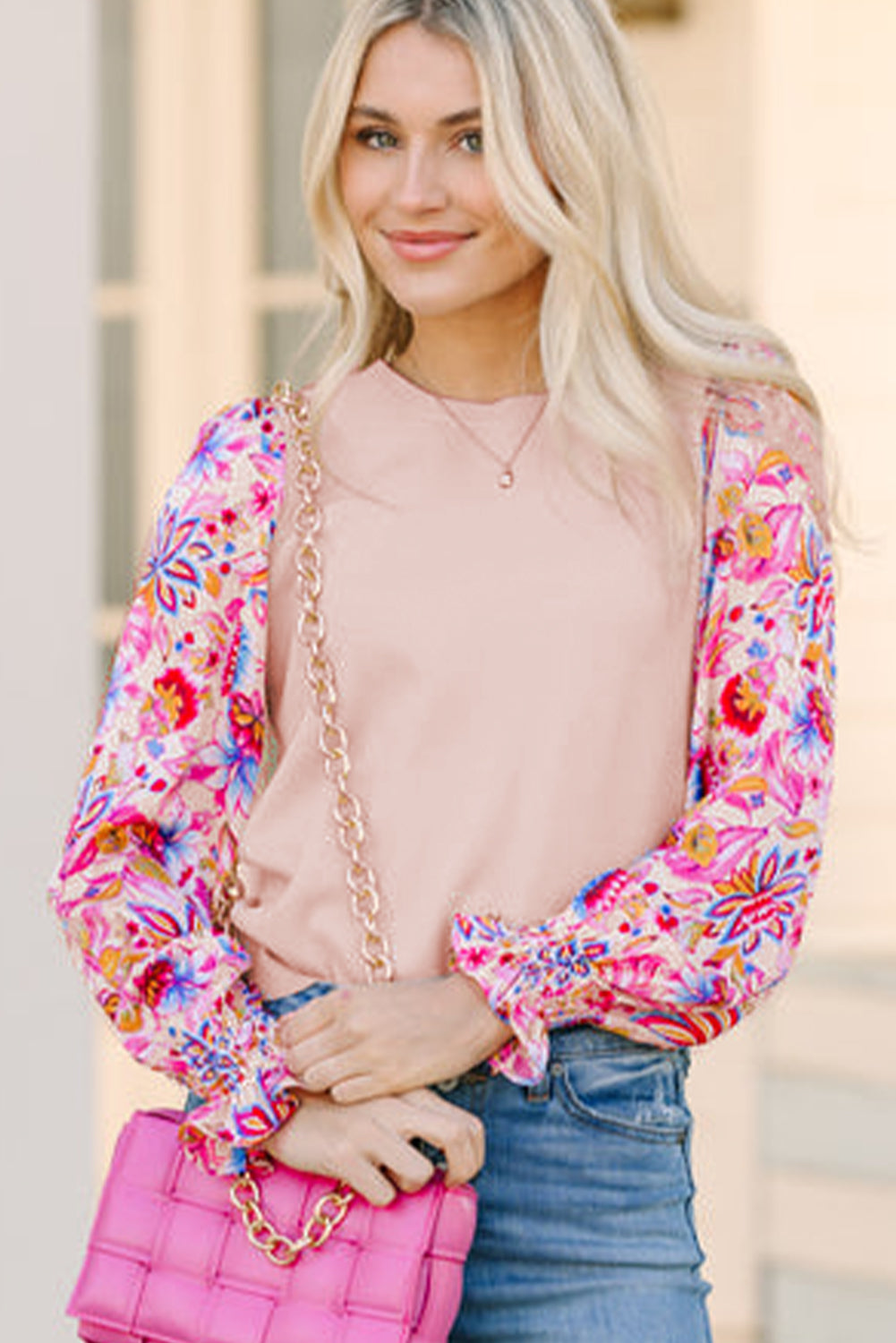 Oatmeal Floral Printed Patchwork Smocked Lantern Sleeve Knit Top