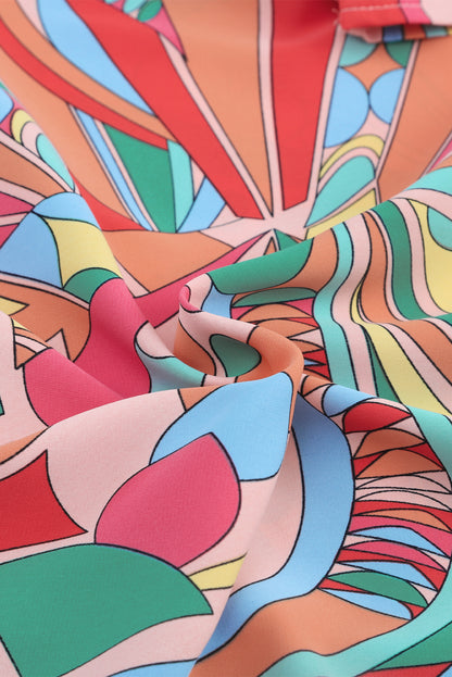 Multicolor Abstract Geometric Print Tassel Tie Flared Dress