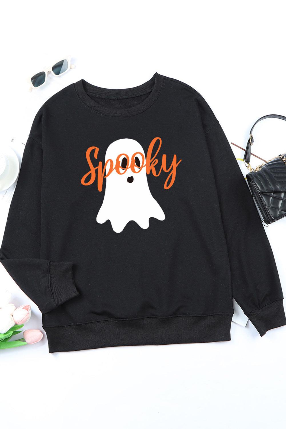 Black Halloween Spooky Ghost Print Crewneck Pullover Sweatshirt - L & M Kee, LLC