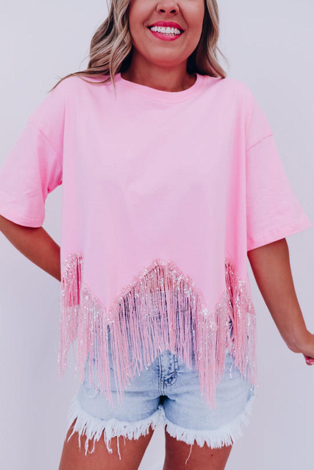 Pink Fringed Sequin Crop T-shirt - L & M Kee, LLC