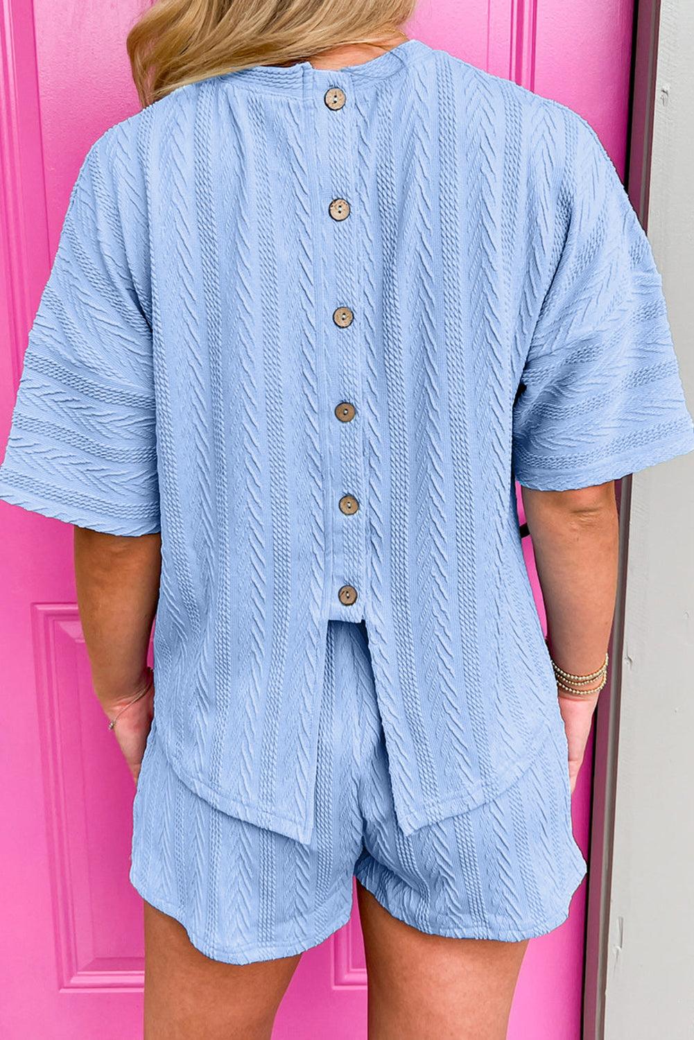 Beau Blue Textured Buttoned Slit Back Tee Shorts Set - L & M Kee, LLC