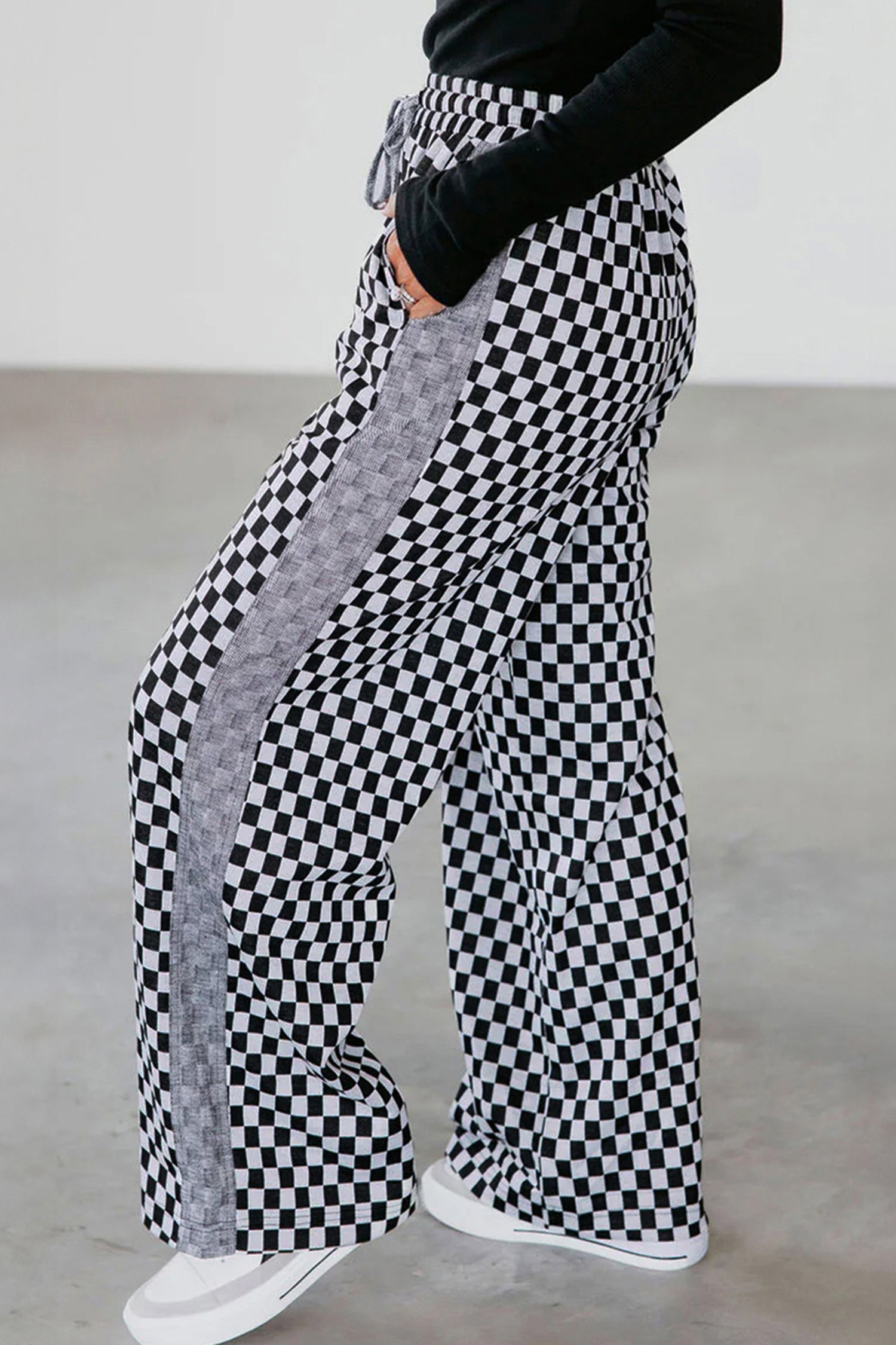 White Checkerboard Drawstring Waist Casual Pants
