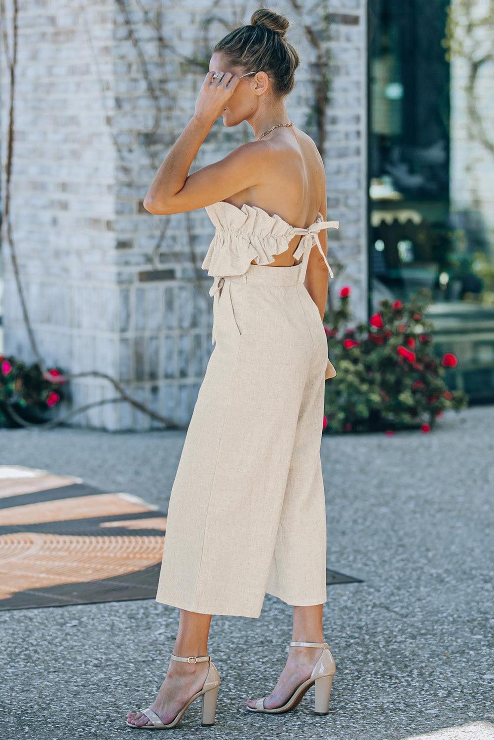 Beige Ruffled Strapless Wide Leg Jumpsuit - L & M Kee, LLC