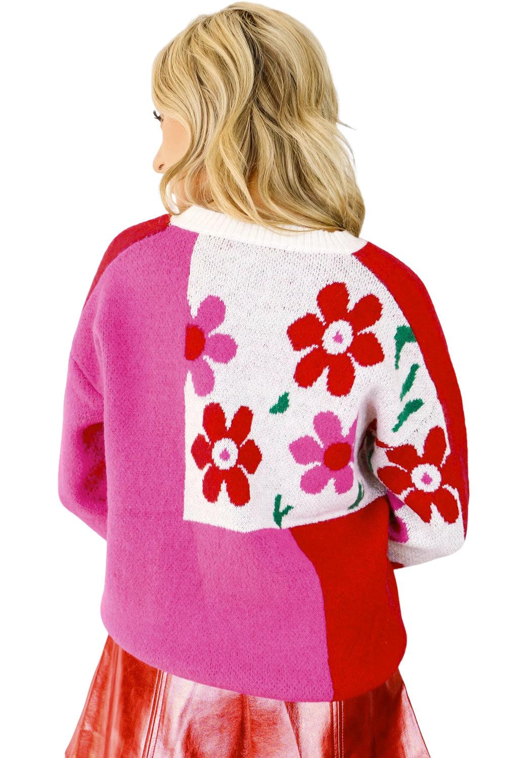 Rose Red Floral Mixed Color Block Sweater - L & M Kee, LLC