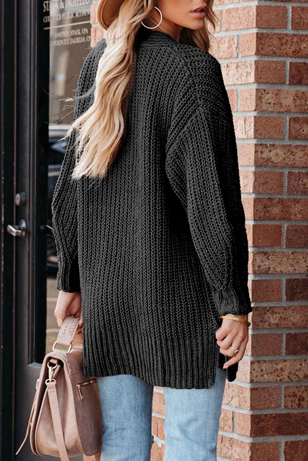 Black Buttoned Front Drop Shoulder Knitted Cardigan - L & M Kee, LLC