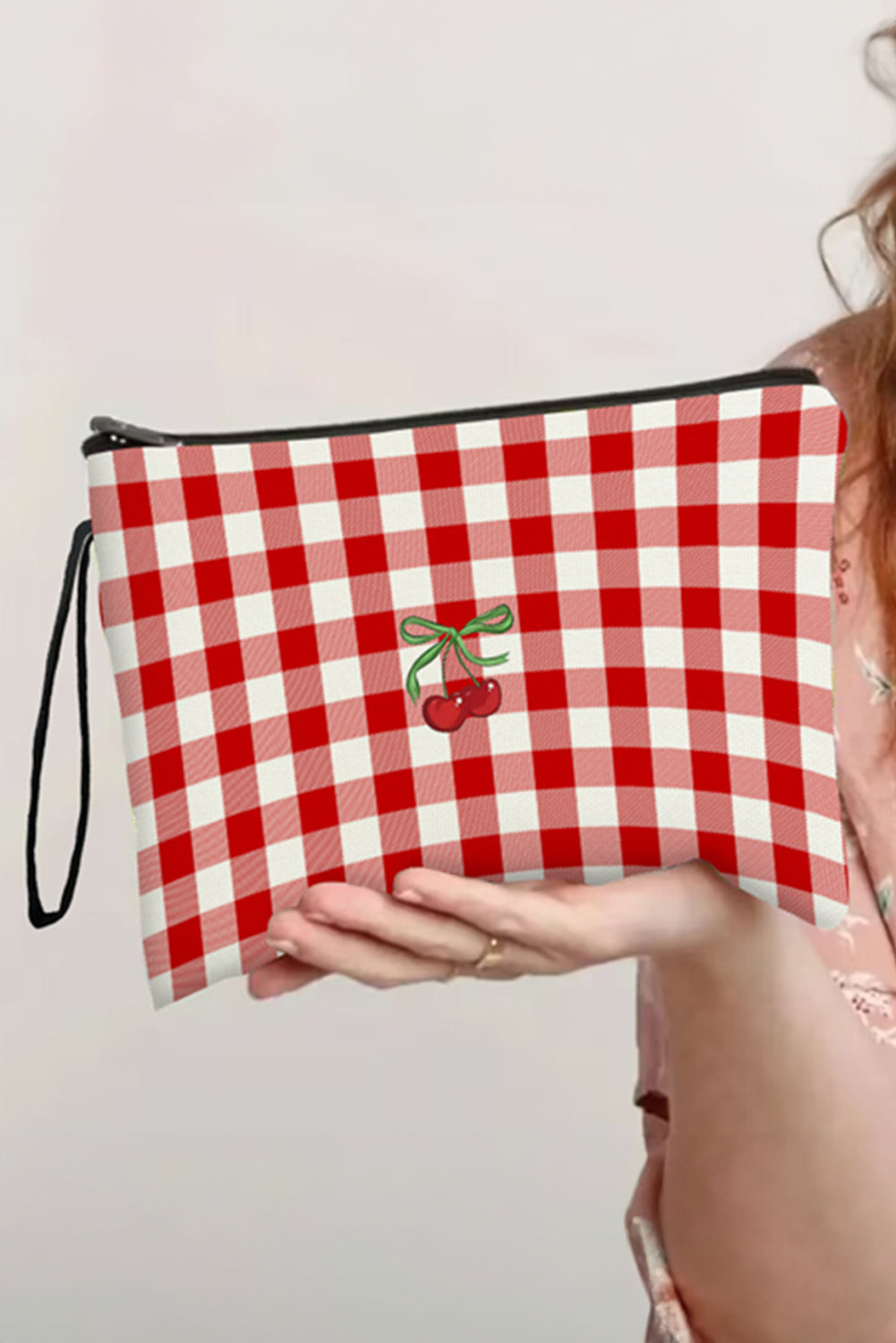 Fiery Red Cherry Plaid Print Wristlet Zipper Canvas Makeup Bag