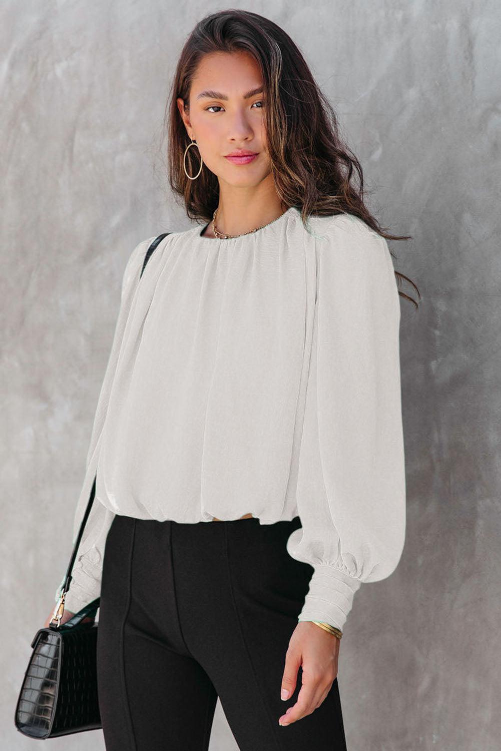 White Padded Shoulder Buttoned Cuffs Pleated Loose Blouse - L & M Kee, LLC