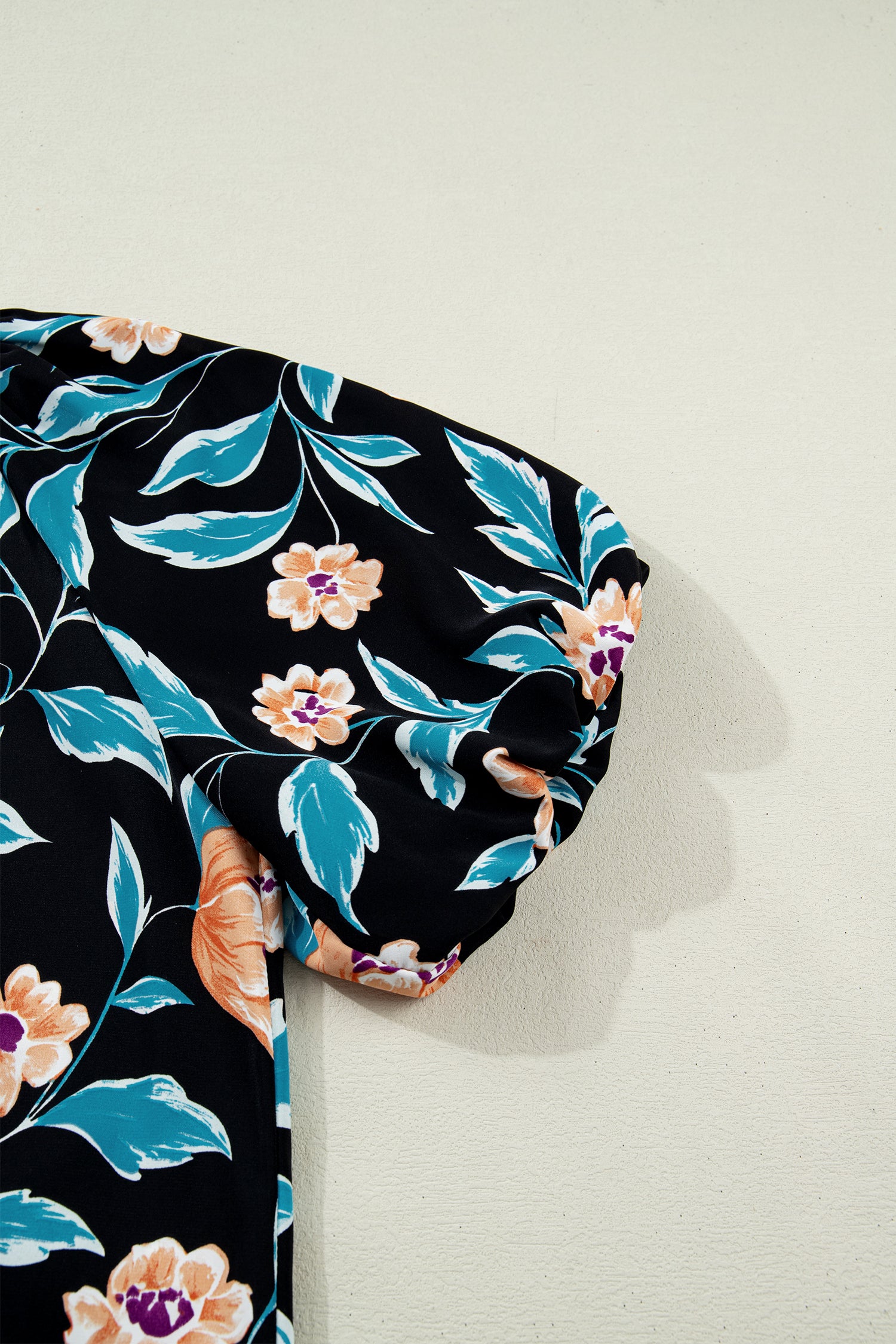 Black Floral Short Bubble Sleeve Buttoned Notched Neck Blouse