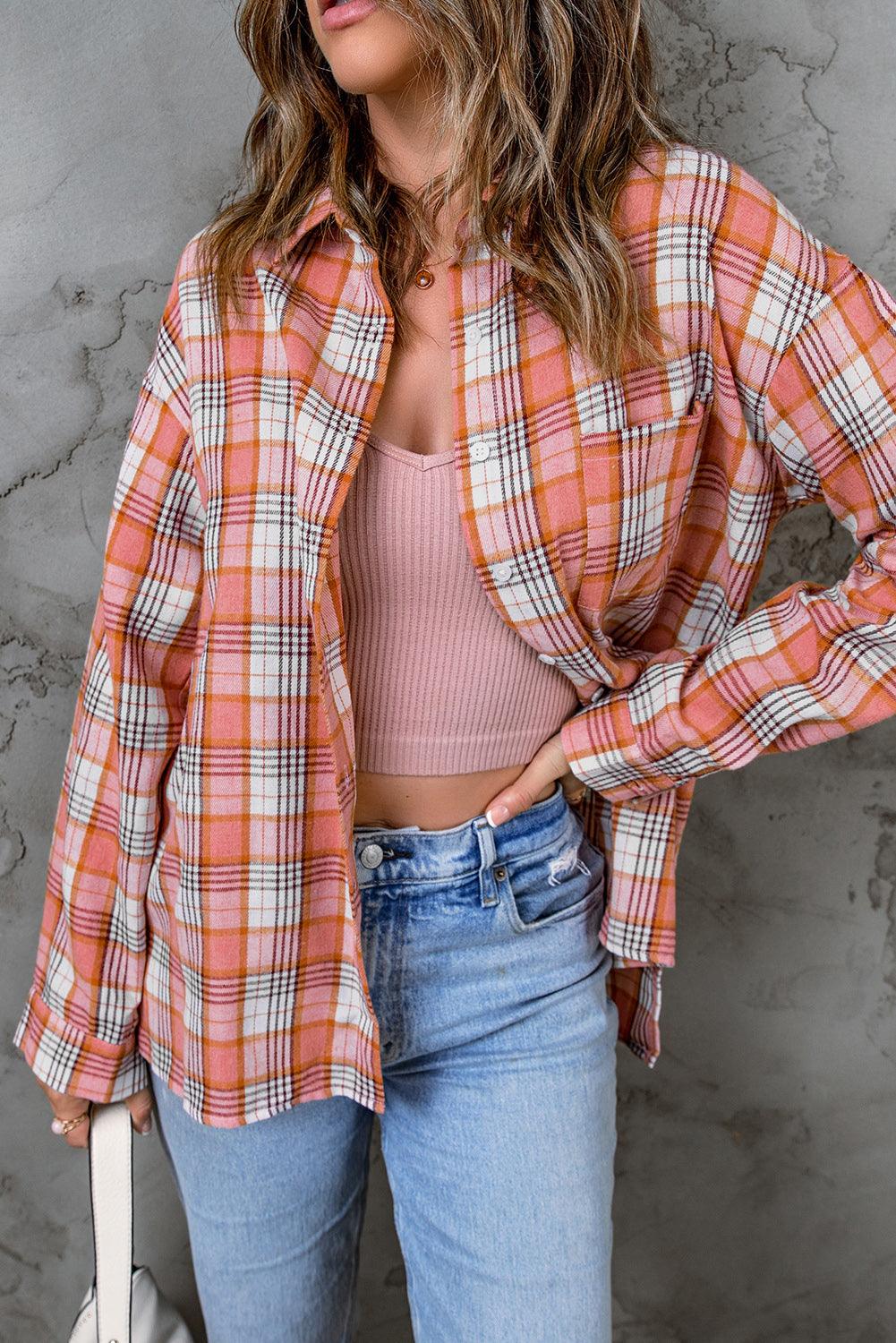 Pink Classic Plaid Print Side Slit Shirt - L & M Kee, LLC