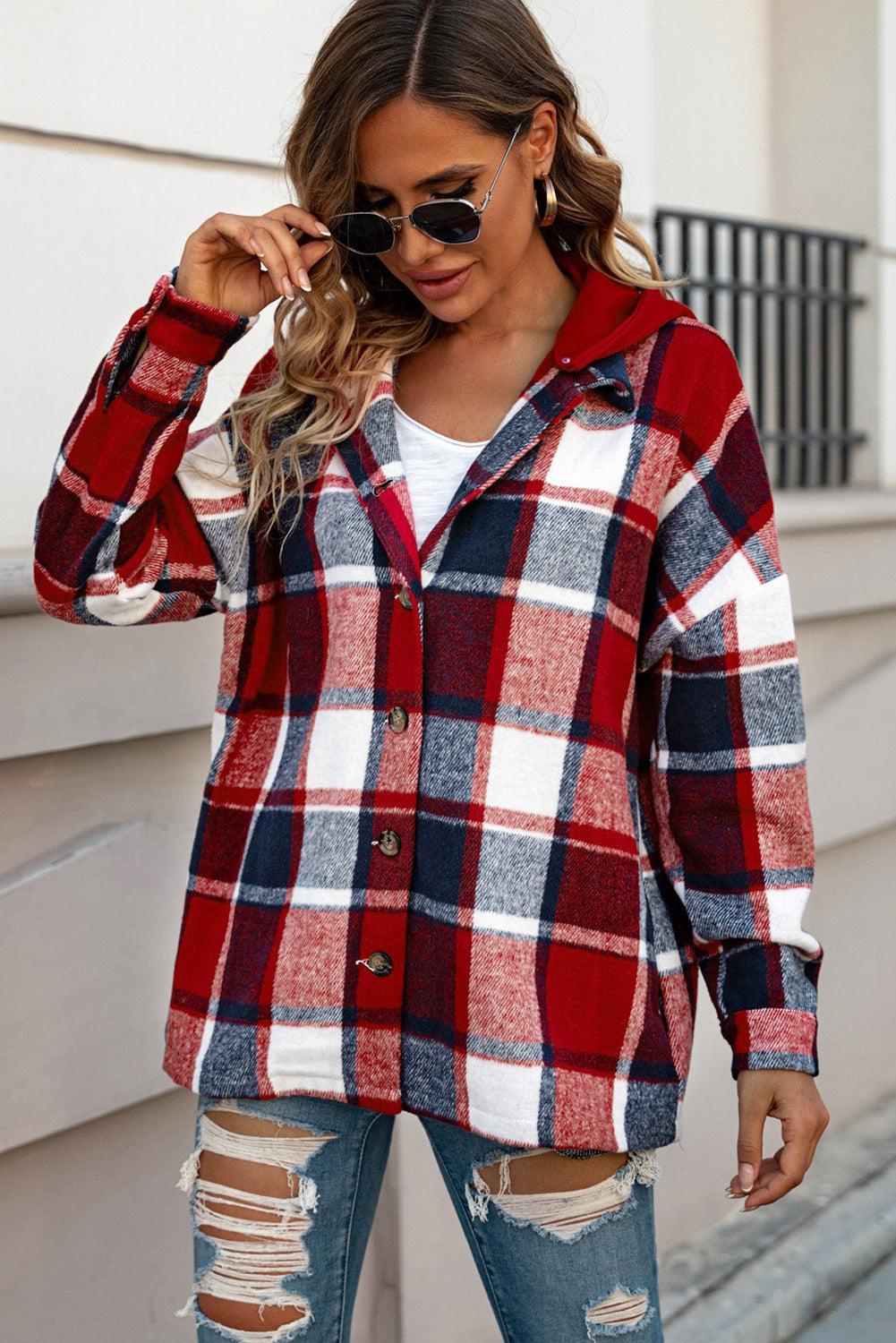 Red Hooded Plaid Button Front Shacket - L & M Kee, LLC