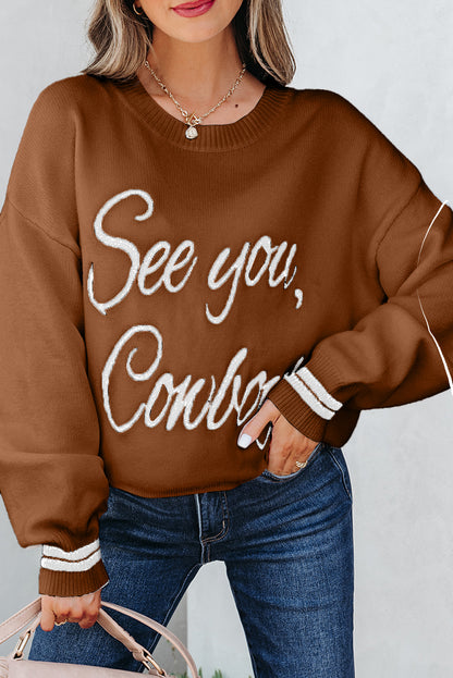 Light Grey See You Cowboy Embroidered Western Graphic Sweater