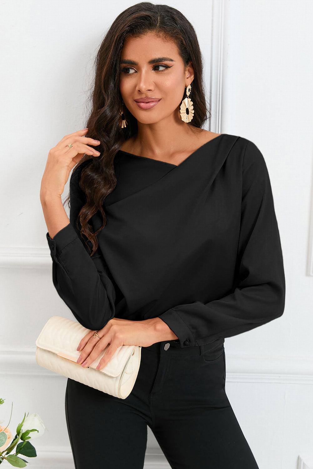 Solid Asymmetric V Neck Long Sleeve Satin Blouse - L & M Kee, LLC